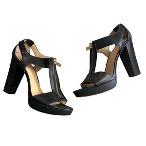 Michael Kors Berkley T-Strap Black Leather High Heel Sandals Women’s Size 7.5 MK